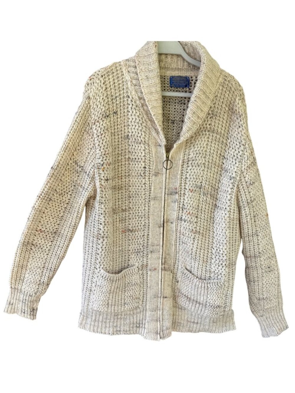 Vtg Pendleton Vintage Wool Cardigan Sweater Large Beige Chunky Shawl Collar USA